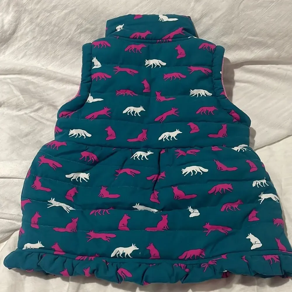 Hatley 5 green hot pink white fox vest ruffled hemline nwot